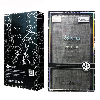 Grey magnetic flip phone case with front view window, shown in retail box packaging