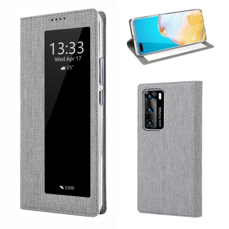 Grey flip phone case with front display window and textured back