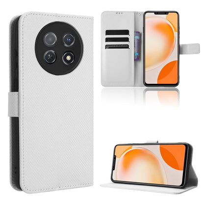 White diamond-texture leather wallet phone case with folio stand and card slots