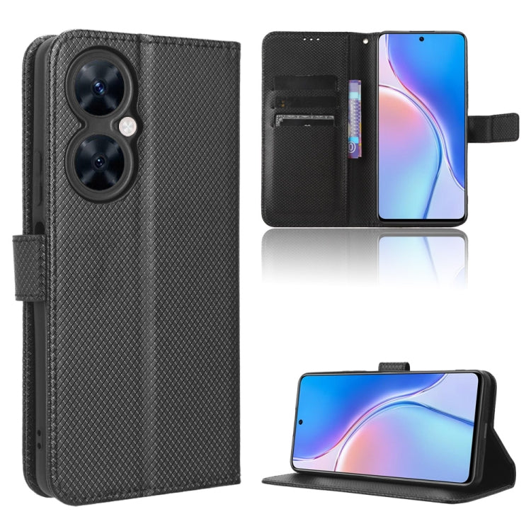 Diamond texture leather phone case, black folio with side strap and kickstand