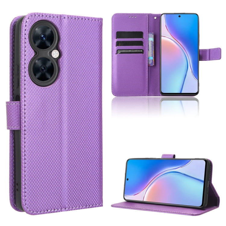 Diamond texture leather phone case, purple folio with side strap and kickstand