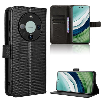 Diamond-texture leather folio phone case with card slots and stand, black.