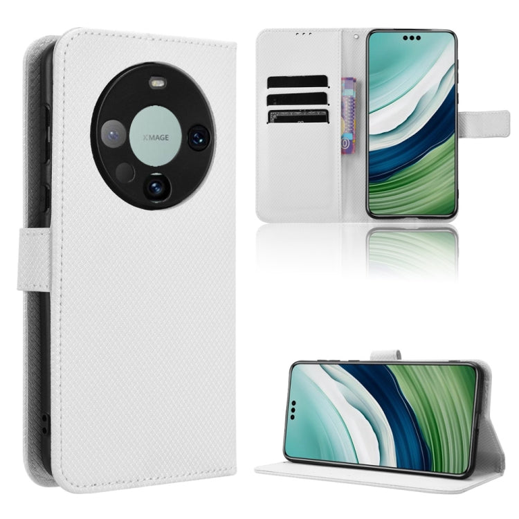 Diamond texture leather phone case, white folio with card slots and kickstand