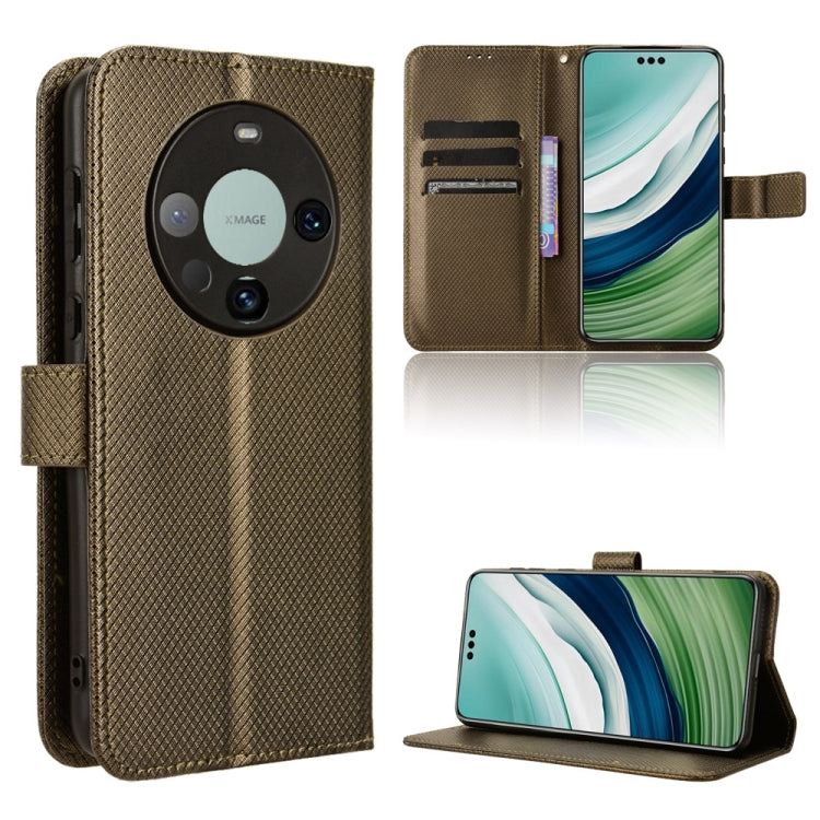 Diamond texture leather phone case, brown folio with card slots and kickstand