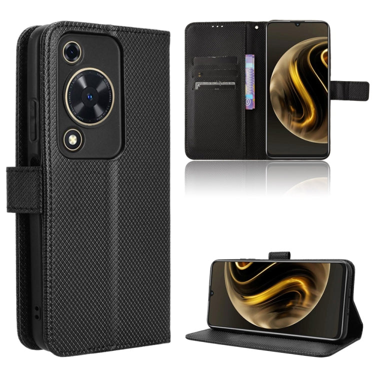 Black diamond-texture leather phone case with flip cover, card slots, and stand
