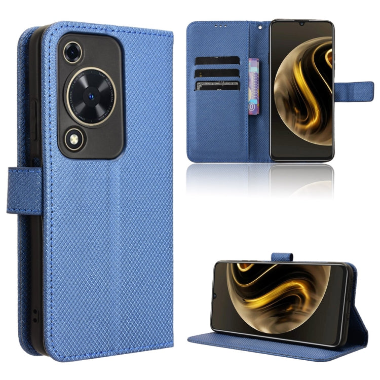 Blue diamond-texture leather phone case with flip cover, card slots, and stand