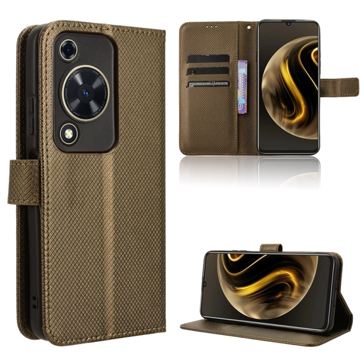 Brown diamond-texture leather phone case with flip cover, card slots, and stand