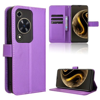 Purple diamond-texture leather phone case with flip cover, card slots, and stand