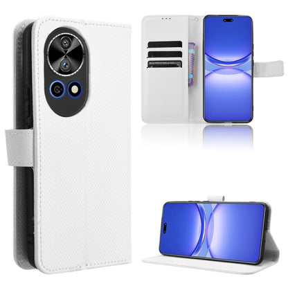 Diamond-texture leather folio phone case with card slots and stand, white.