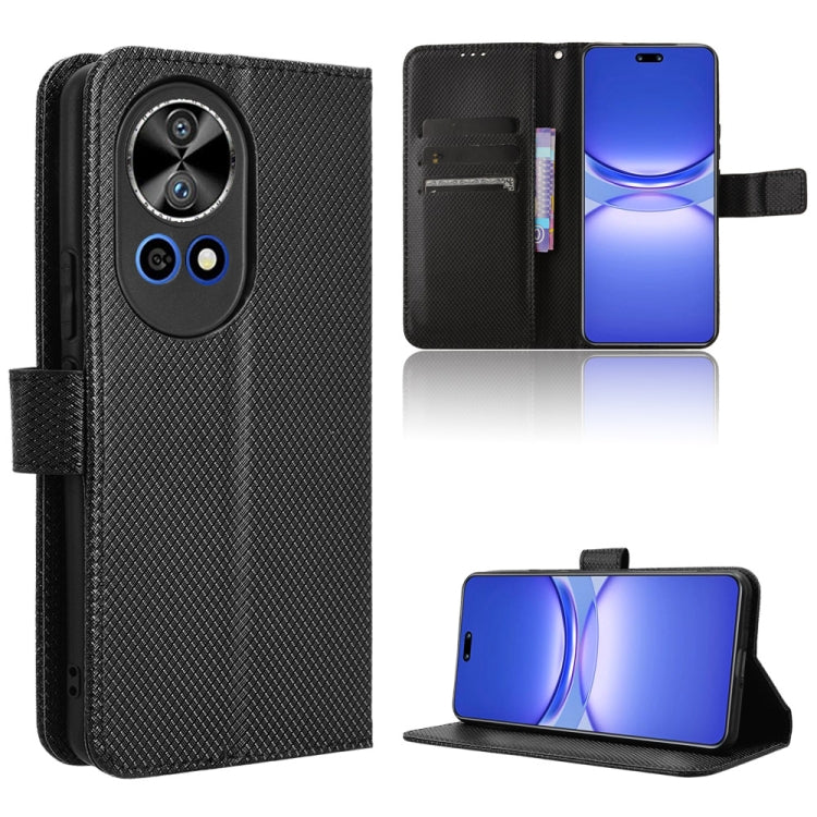 Diamond-texture leather folio phone case with card slots and stand, black.