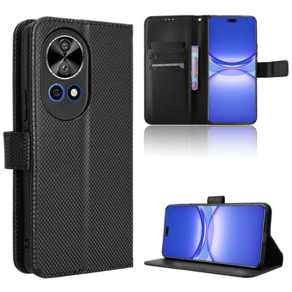 Diamond-texture leather folio phone case with card slots and stand, black.