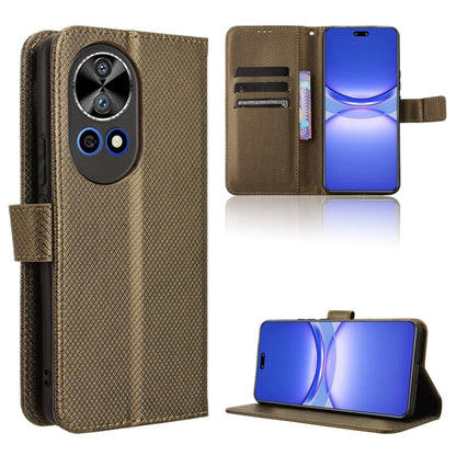 Diamond-texture leather folio phone case with card slots and stand, brown.
