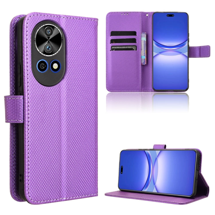 Diamond-texture leather folio phone case with card slots and stand, purple.