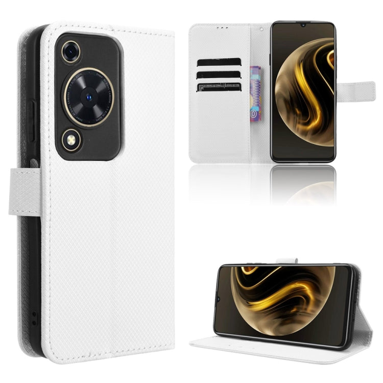 White diamond-texture leather phone case with circular camera cutout and kickstand