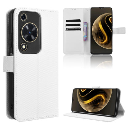White diamond-texture leather phone case with circular camera cutout and kickstand