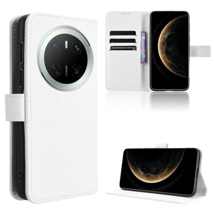 White diamond-texture leather wallet phone case with card slots and side cutouts