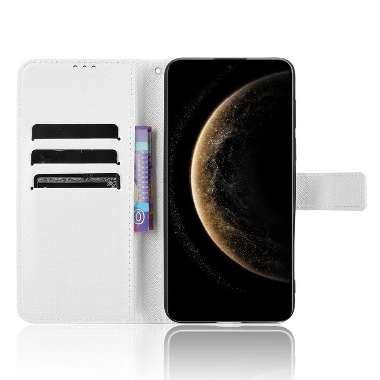 White diamond-texture leather wallet phone case open with card holder slots