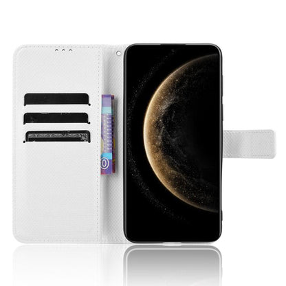 White diamond-texture leather wallet phone case open with card holder slots