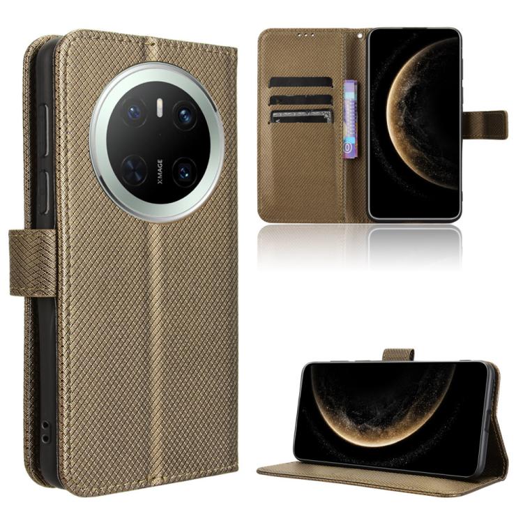 Brown diamond-texture leather wallet phone case with camera cutout