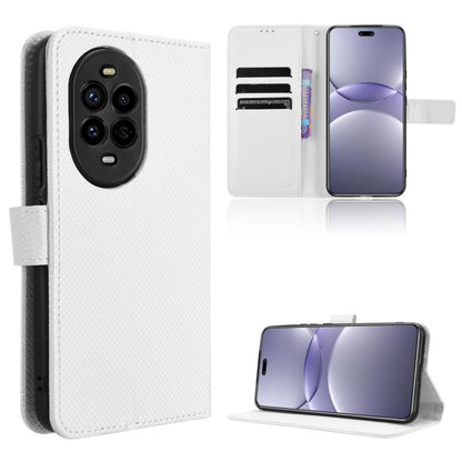 White diamond-texture leather phone case with card slots and kickstand