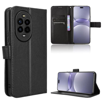 Black diamond-texture leather phone case with card slots and kickstand