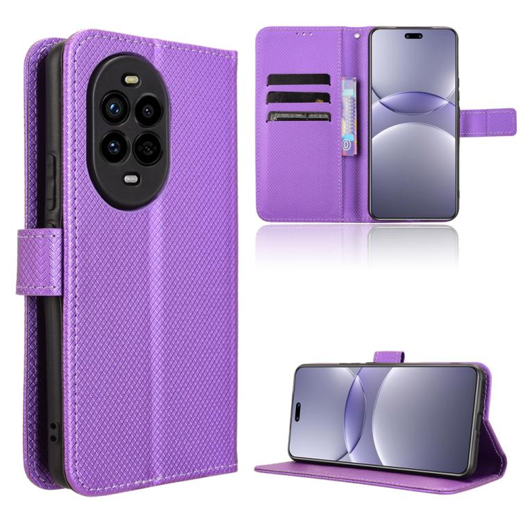 Purple diamond-texture leather phone case with card slots and kickstand