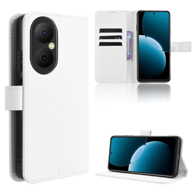 White diamond-texture leather wallet phone case with card slots and stand flap