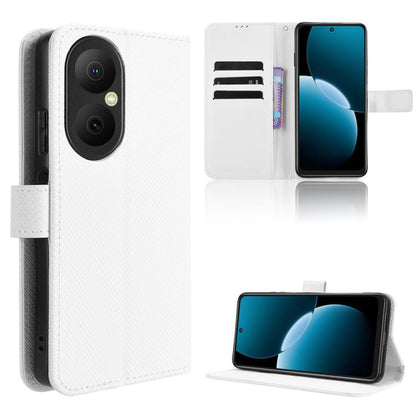 White diamond-texture leather wallet phone case with card slots and stand flap