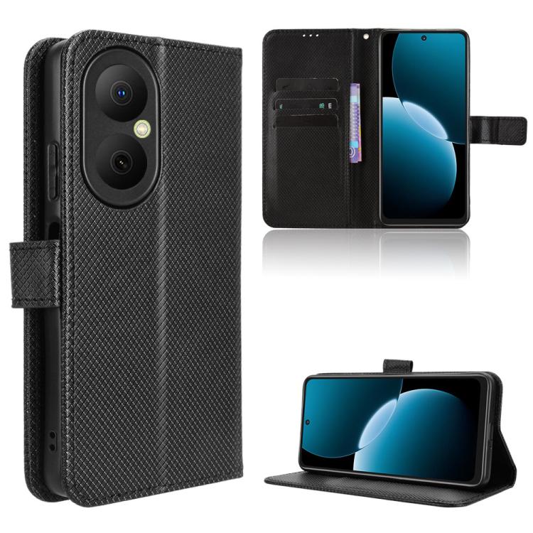 Black diamond-texture leather wallet phone case with card slots and stand flap