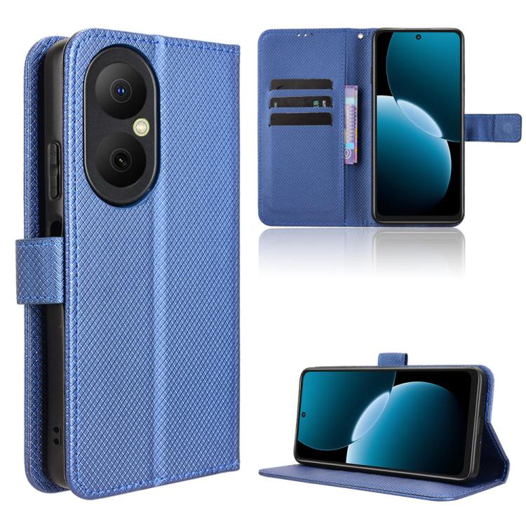 Blue diamond-texture leather wallet phone case with card slots and stand flap