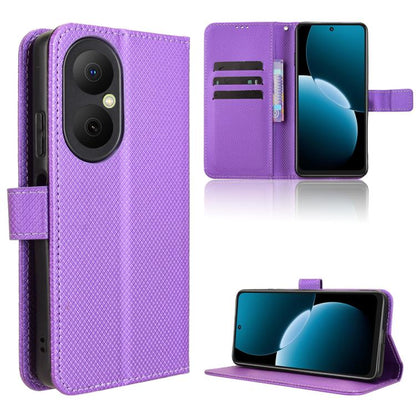 Purple diamond-texture leather wallet phone case with card slots and stand flap