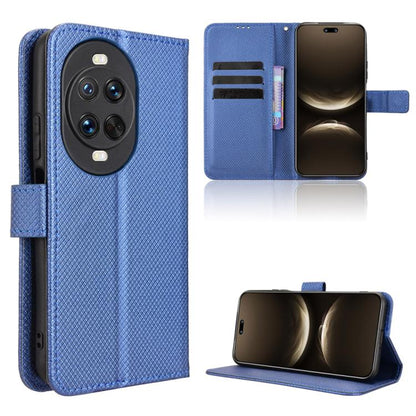 Blue diamond-texture leather phone case with folio flip and card slot, camera lens openings