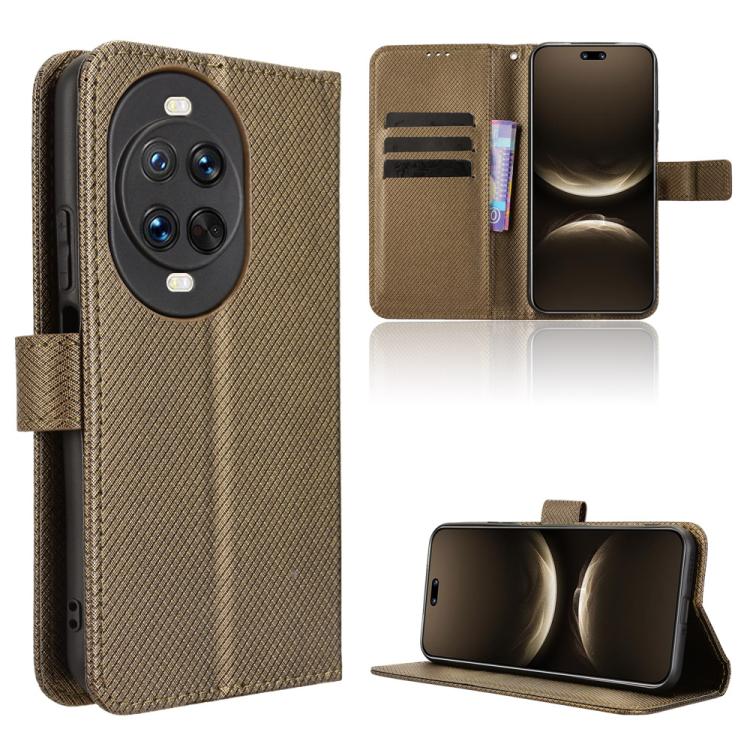 Brown diamond-texture leather phone case with folio flip and card slot, kickstand