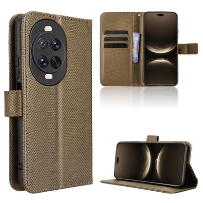 Brown diamond-texture leather phone case with folio flip and card slot, kickstand