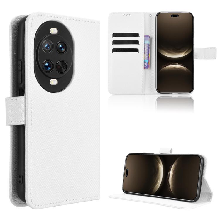 White diamond-texture leather phone case with flip cover and camera openings