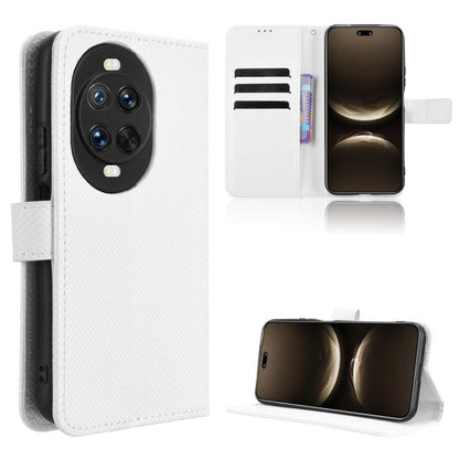 White diamond-texture leather phone case with flip cover and camera openings