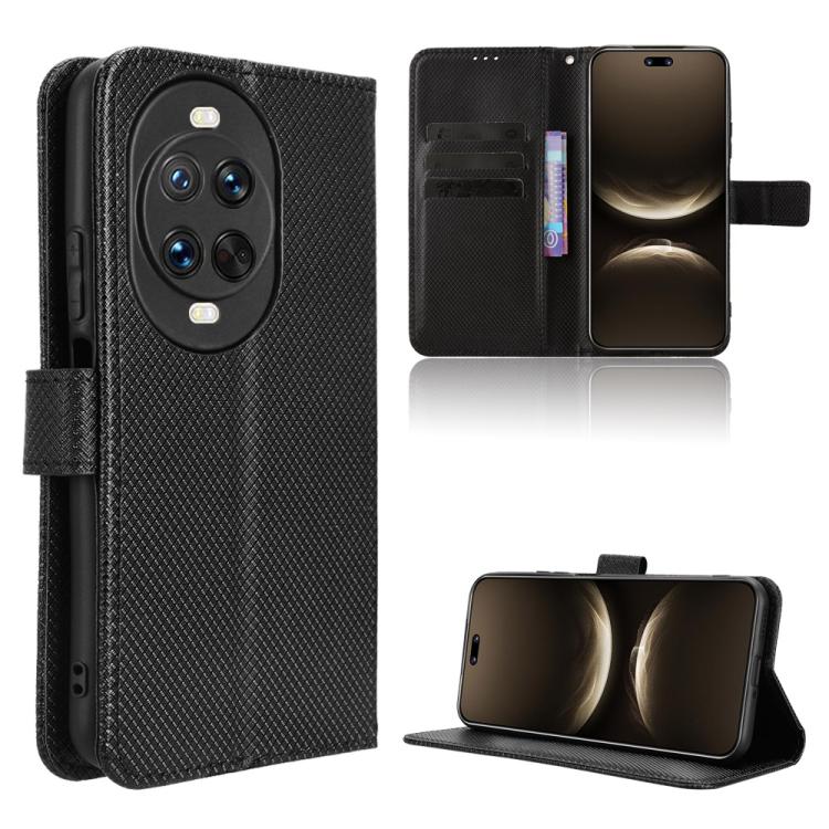Black diamond-texture leather phone case with flip cover and viewing stand