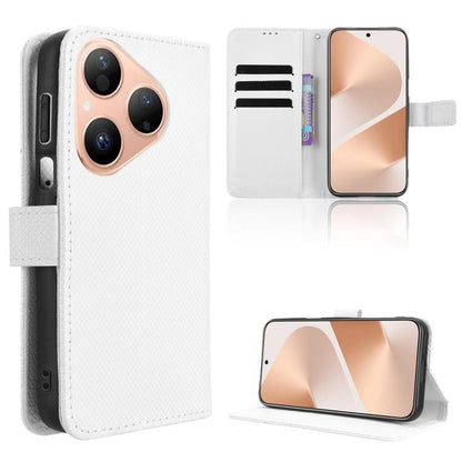 White diamond-texture leather phone case with flip cover and card pocket