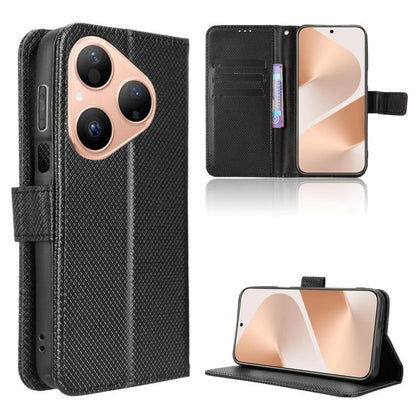 Black diamond-texture leather phone case with flip cover and kickstand