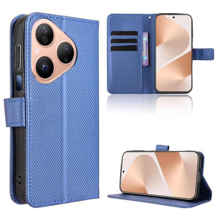 Blue diamond-texture leather phone case with flip cover and camera cutouts