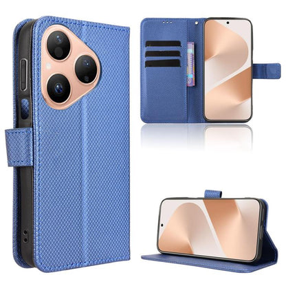 Blue diamond-texture leather phone case with flip cover and camera cutouts