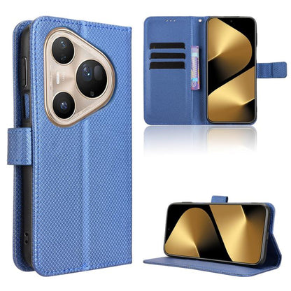 Blue diamond-texture leather phone case with flip cover and side strap