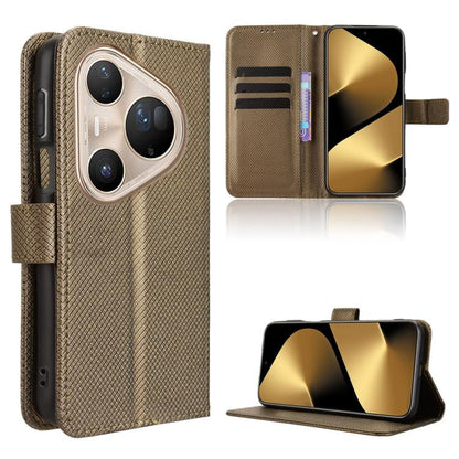 Brown diamond-texture leather phone case with flip cover and side strap