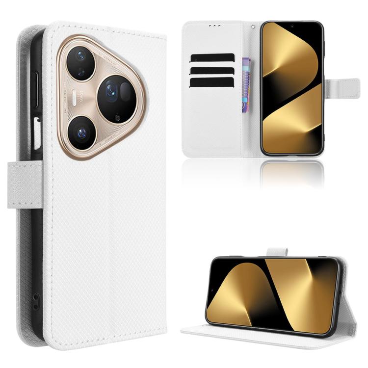 White diamond-texture leather phone case with flip cover, card slots, and kickstand