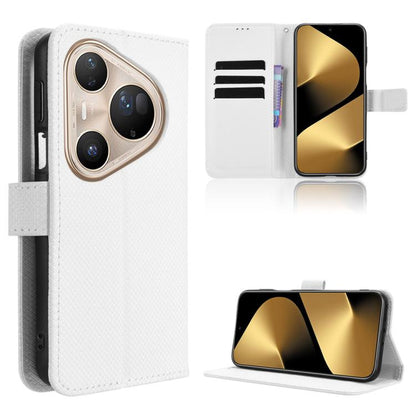 White diamond-texture leather phone case with flip cover, card slots, and kickstand