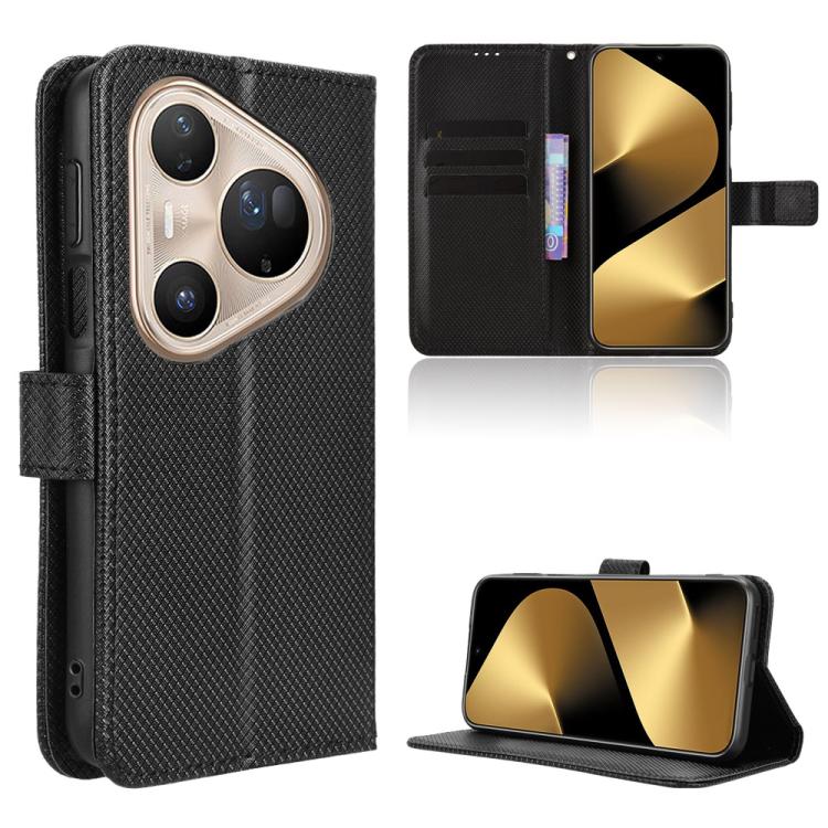 Black diamond-texture leather phone case with flip cover, card slots, and kickstand