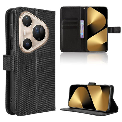 Black diamond-texture leather phone case with flip cover, card slots, and kickstand