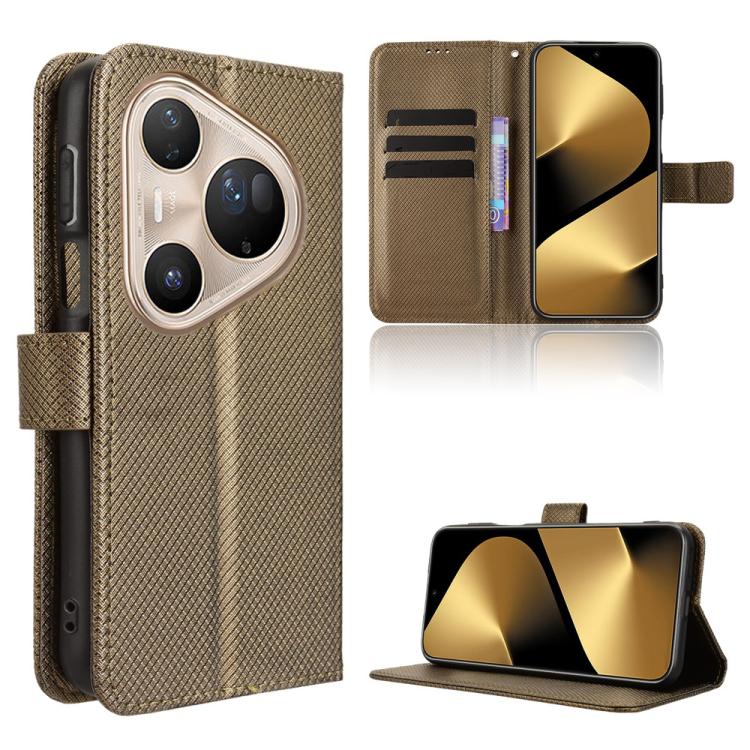 Brown diamond-texture leather phone case with flip cover, card slots, and kickstand