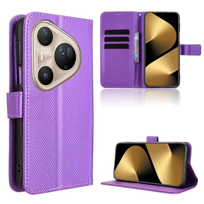 Purple diamond-texture leather phone case with flip cover, card slots, and kickstand