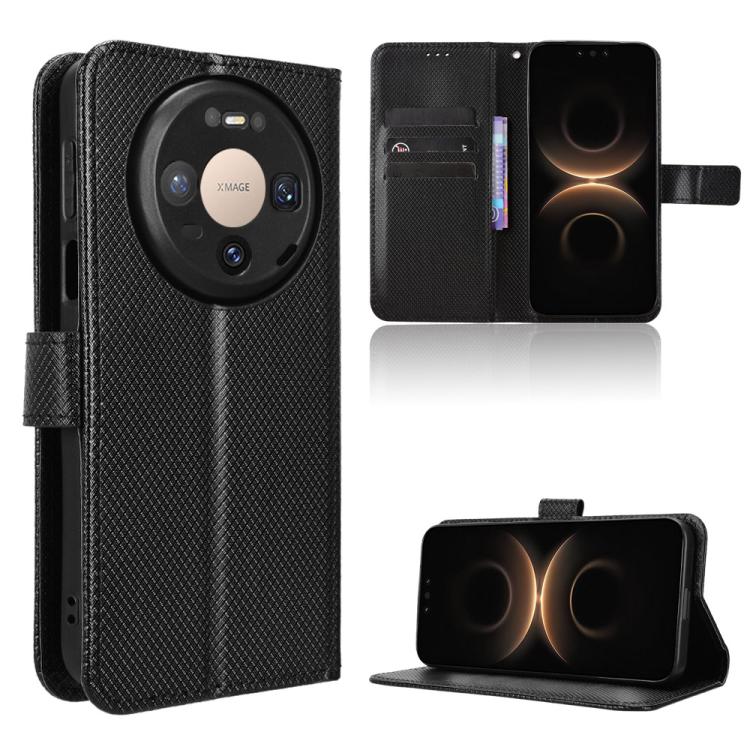 Black diamond-texture leather phone case with folio flip cover and kickstand feature